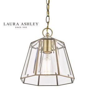 Laura Ashley Clayton pendant lantern in antique brass, on white background.