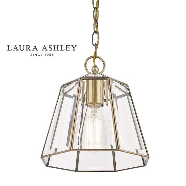 Laura Ashley Clayton pendant lantern in antique brass, on white background.