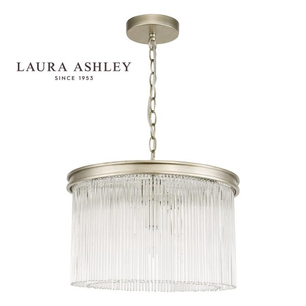 The Manon 3 light pendant in painted champagne finish with clear glass rods by Laura Ashley on white background.