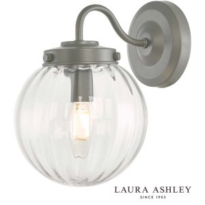 Georgie outdoor wall light in matt grey with clear ribbed glass shade and rated IP44 by Laura Ashley, on white background, with logo.