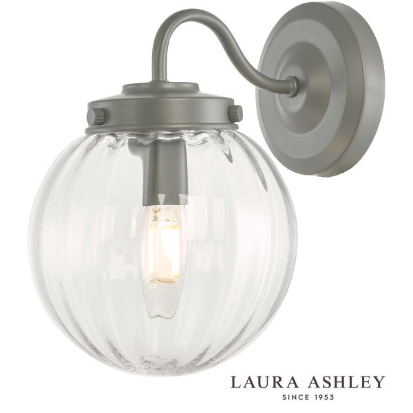 Georgie outdoor wall light in matt grey with clear ribbed glass shade and rated IP44 by Laura Ashley, on white background, with logo.