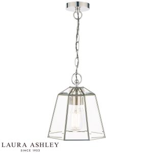 Laura Ashley Clayton pendant lantern in polished silver, on white background lit.