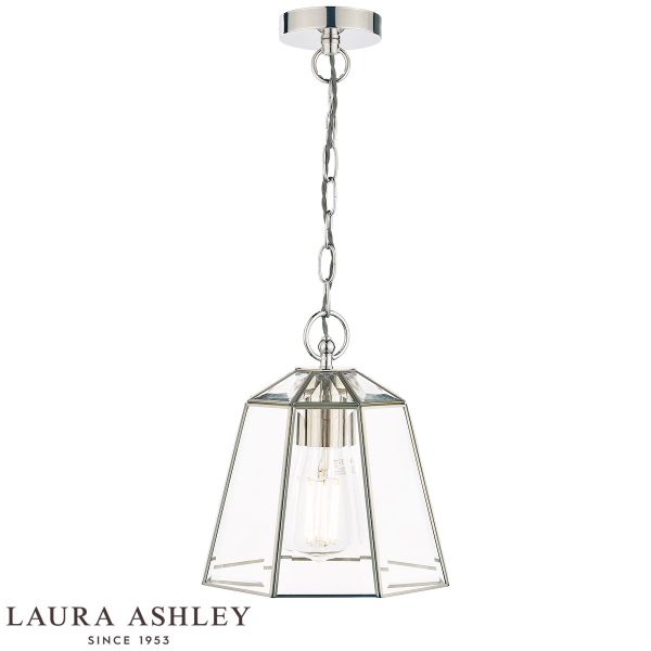 Laura Ashley Clayton pendant lantern in polished silver, on white background lit.