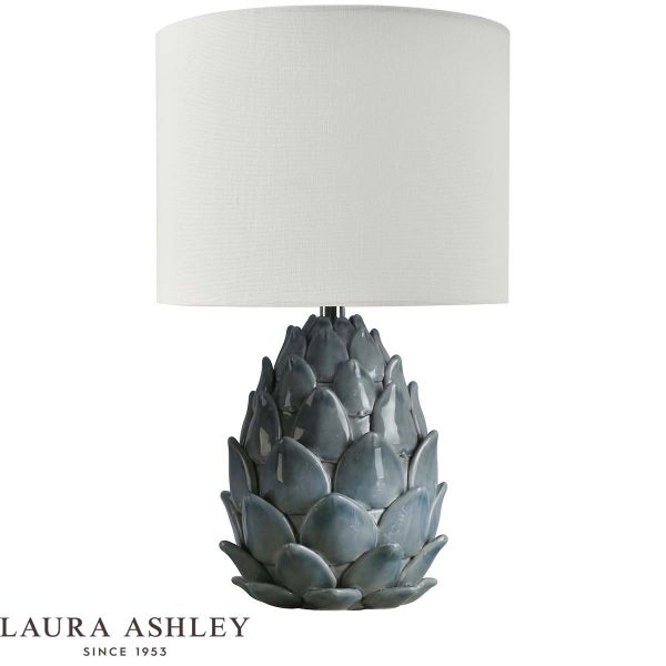 Gresford blue ceramic table lamp with ivory linen shade by Laura Ashley, unlit on white background, with logo.