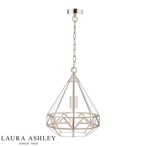 Zaria pendant lantern in polished silver finish with clear glass panels, on white background.
