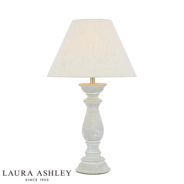 Chedworth concrete table lamp with shade and polished nickel metalwork by Laura Ashley, on white background, with logo.