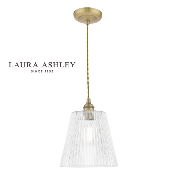 Laura Ashley Callaghan large pendant light in antique brass, full height on white background.