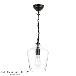 Laura Ashley Ockley 1 light pendant in matt black with clear glass shade, full height on white background, lit.