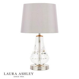 Humby crystal touch table lamp with polished nickel metalwork and silver shade on white background with Laura Ashley logo.