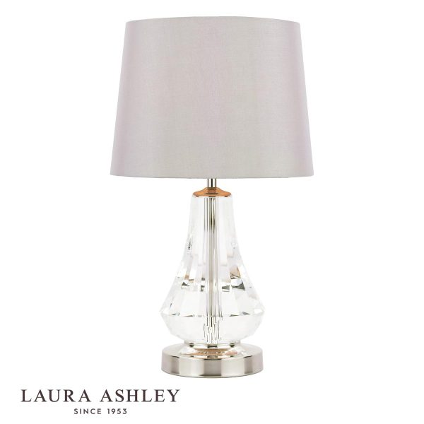 Humby crystal touch table lamp with polished nickel metalwork and silver shade on white background with Laura Ashley logo.
