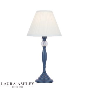 Laura Ashley Ellis table lamp in satin blue finish with cream shade on white background.