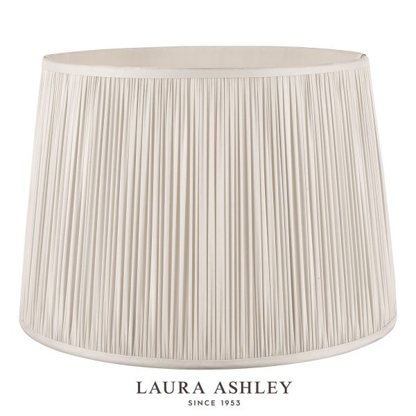Laura Ashley Hemsley 35 cm diameter pleated silver silk drum shade on white background.