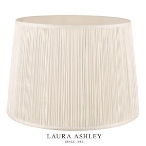 Laura Ashley Hemsley 35 cm diameter pleated cream silk drum shade on white background.