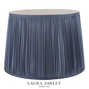 Laura Ashley Hemsley 35 cm diameter pleated blue silk drum shade, shown on white background.