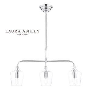 Laura Ashley Ockley 3 light bar pendant light in polished chrome on white background, lit.