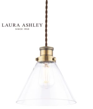 Laura Ashley Isaac easy fit pendant shade in antique brass with clear glass on white background.