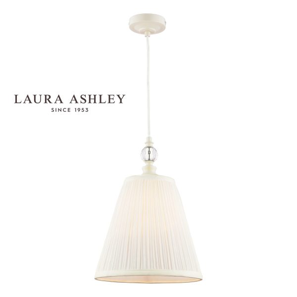 Laura Ashley Ellis pendant in satin cream with crystal and ivory shade, full height on white background, lit.