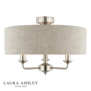 Sorrento 3 light semi flush in satin nickel with natural linen shade on white background, lit.