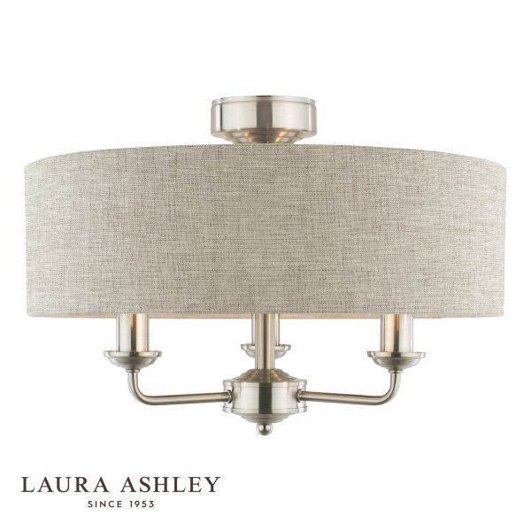 Sorrento 3 light semi flush in satin nickel with natural linen shade on white background, lit.