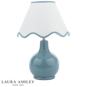 Bramhope blue ceramic table lamp with cream cotton mix shade by Laura Ashley on white background.
