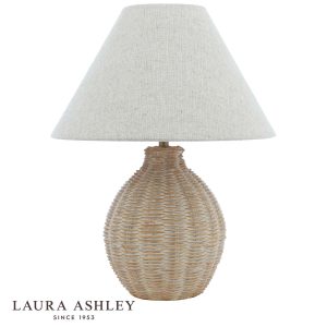 Fernhill table lamp in matt cream and tan finish with natural linen coolie shade, on white background, with Laura Ashley logo.