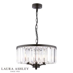 Laura Ashley Elkwood 3 light crystal pendant in industrial black, on white background lit.