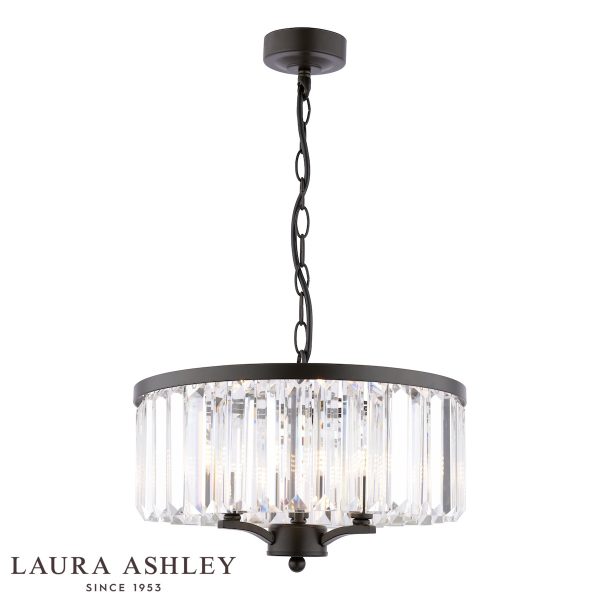 Laura Ashley Elkwood 3 light crystal pendant in industrial black, on white background lit.