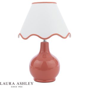 Bramhope terracotta ceramic table lamp with cream cotton mix shade by Laura Ashley on white background.