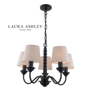Norbury 5 light chandelier in matt black with natural linen shades by Laura Ashley, full height on white background.