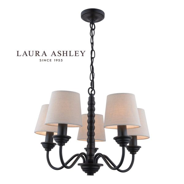Norbury 5 light chandelier in matt black with natural linen shades by Laura Ashley, full height on white background.