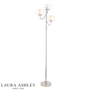 Southwell 3 light floor lamp in polished nickel with glass shades by Laura Ashley, on white background, lit.