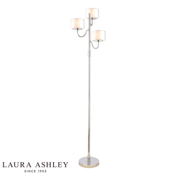 Southwell 3 light floor lamp in polished nickel with glass shades by Laura Ashley, on white background, lit.