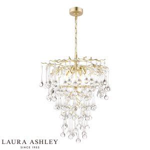 Willow 4 light pendant in satin champagne finish with crystal drops by Laura Ashley, full height on white background, lit.