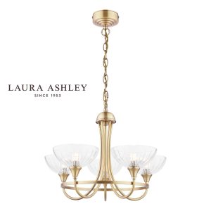 The Wellham 5 light antique brass chandelier with glass shades by Laura Ashley, full height on white background.