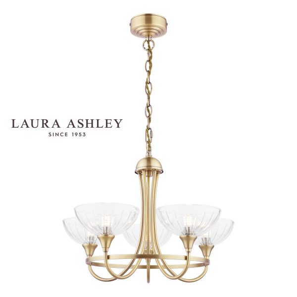 The Wellham 5 light antique brass chandelier with glass shades by Laura Ashley, full height on white background.