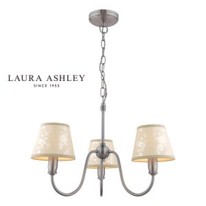 The Westbourne 3 light rustic chandelier in polished pewter with grey shades, full height on white background.