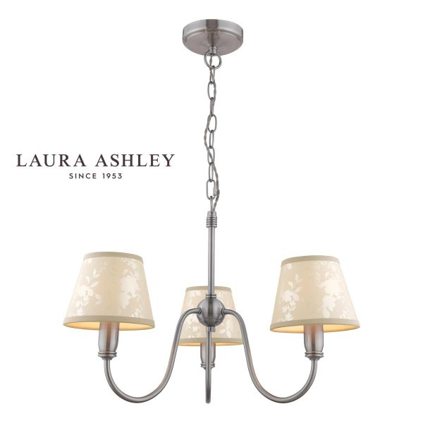 The Westbourne 3 light rustic chandelier in polished pewter with grey shades, full height on white background.