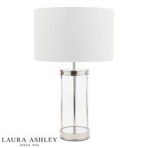 Harrington small glass table lamp in polished nickel with ivory linen shade by Laura Ashley, on white background, lit.