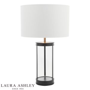 Harrington small glass table lamp in matt black finish with ivory linen shade, on white background, lit.