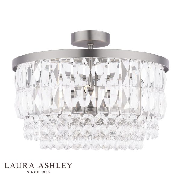 Laura Ashley Rhosill crystal 3 light semi flush ceiling light in aged pewter on white background, lit.