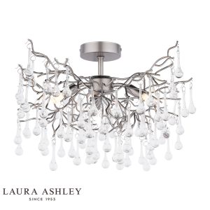 Willow 3 light semi flush in satin pewter finish with crystal drops by Laura Ashley, on white background, lit.