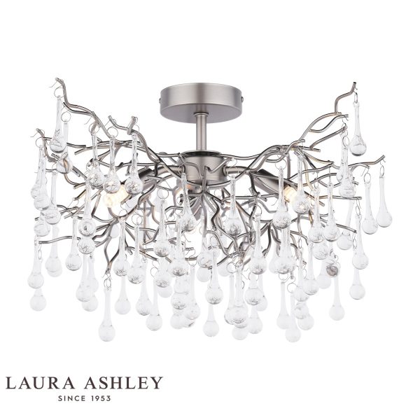 Willow 3 light semi flush in satin pewter finish with crystal drops by Laura Ashley, on white background, lit.