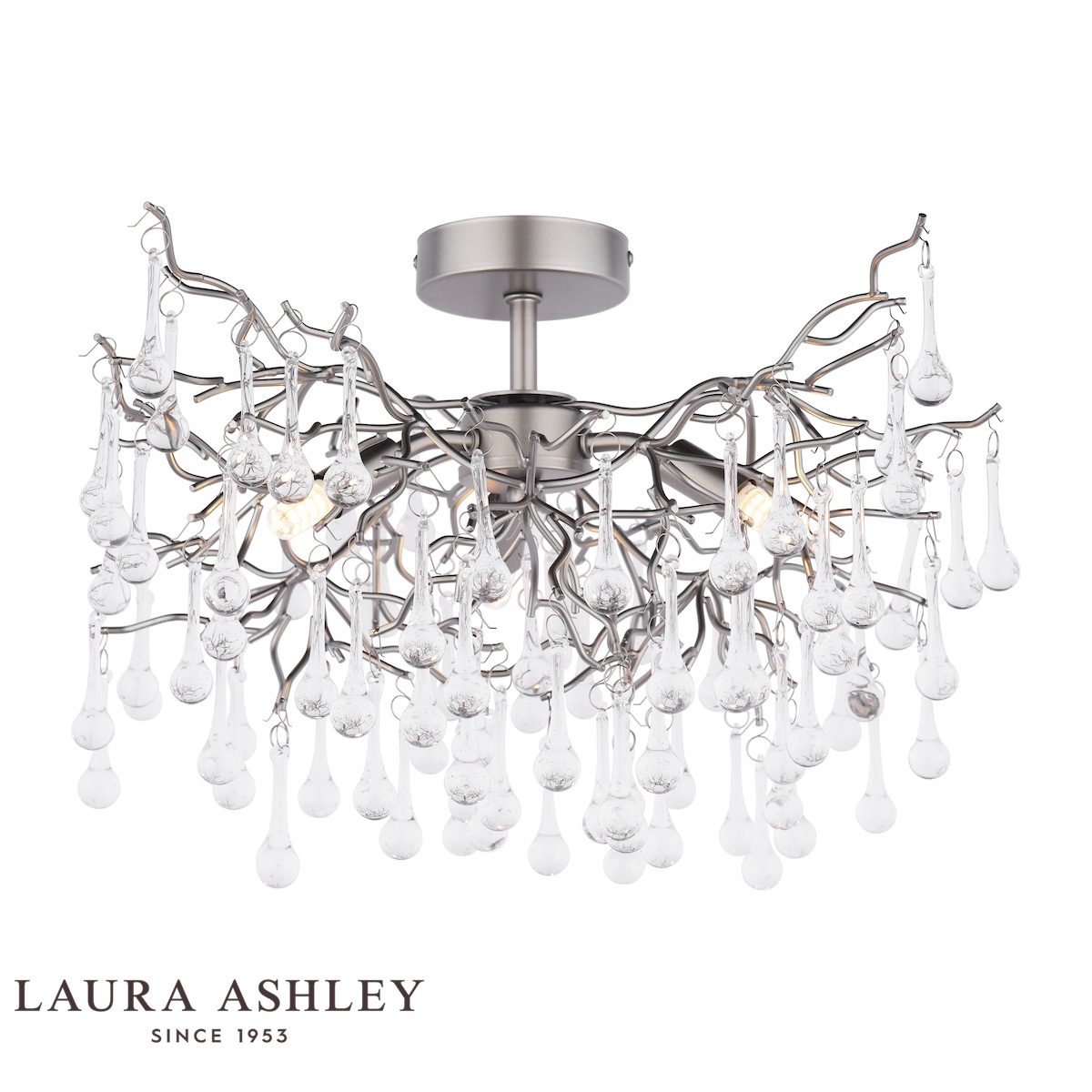 Willow 3 light semi flush in satin pewter finish with crystal drops by Laura Ashley, on white background, lit.