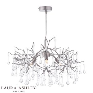 Willow 3 light pendant in satin pewter finish with crystal drops by Laura Ashley, full height on white background, lit.