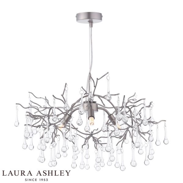 Willow 3 light pendant in satin pewter finish with crystal drops by Laura Ashley, full height on white background, lit.