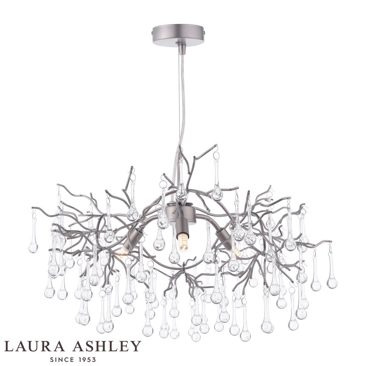 Willow 3 light pendant in satin pewter finish with crystal drops by Laura Ashley, full height on white background, lit.