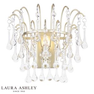 Willow single wall light in satin champagne finish with crystal drops by Laura Ashley on white background, lit.