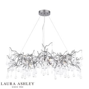 Willow 5 light pendant in satin pewter finish with crystal drops by Laura Ashley, on white background, lit.