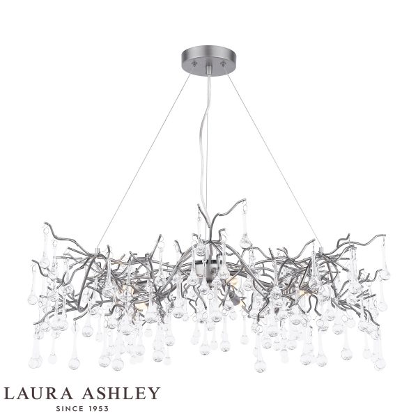 Willow 5 light pendant in satin pewter finish with crystal drops by Laura Ashley, on white background, lit.