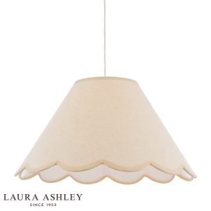 Laura Ashley Cordwell easy fit pendant shade in natural linen on white background, lit.